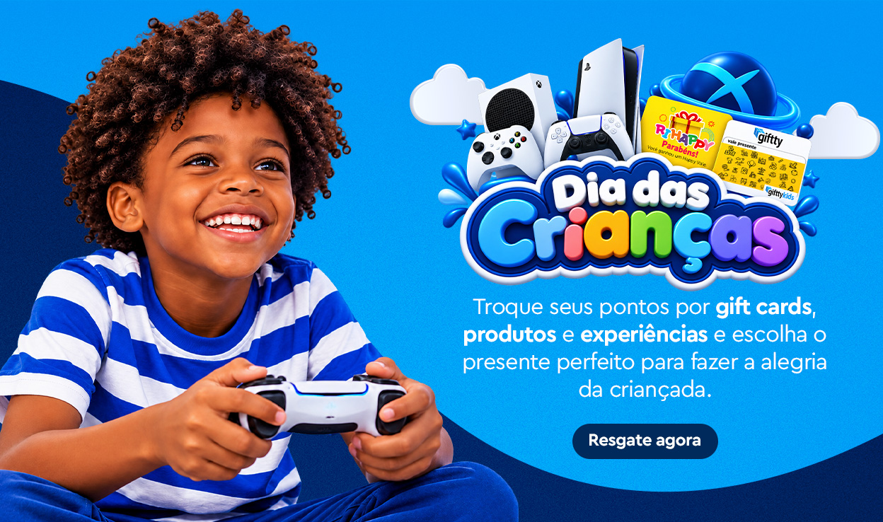 Comemore o Dia das Crianças com o Curtai. Troque seus pontos por gift cards Xbox, PlayStation, Ri Happy, produtos e experiências para presentear quem você ama.
