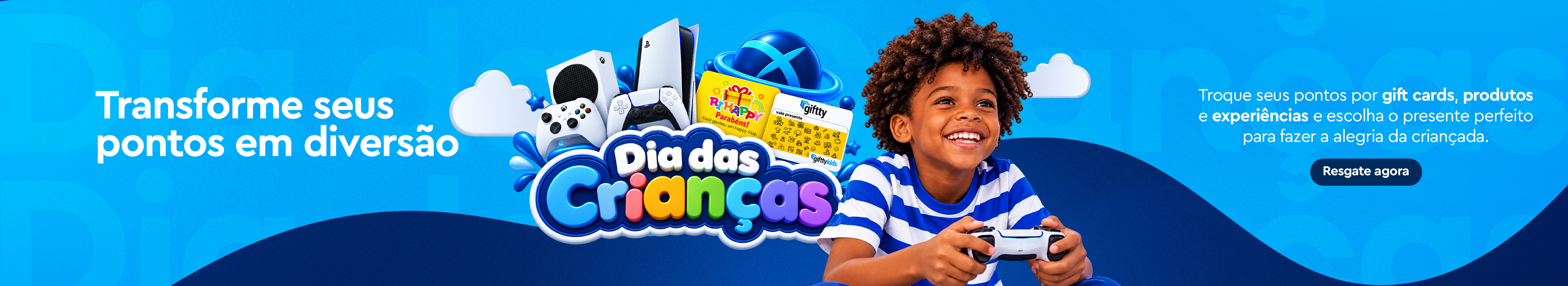 Comemore o Dia das Crianças com o Curtai. Troque seus pontos por gift cards Xbox, PlayStation, Ri Happy, produtos e experiências para presentear quem você ama.