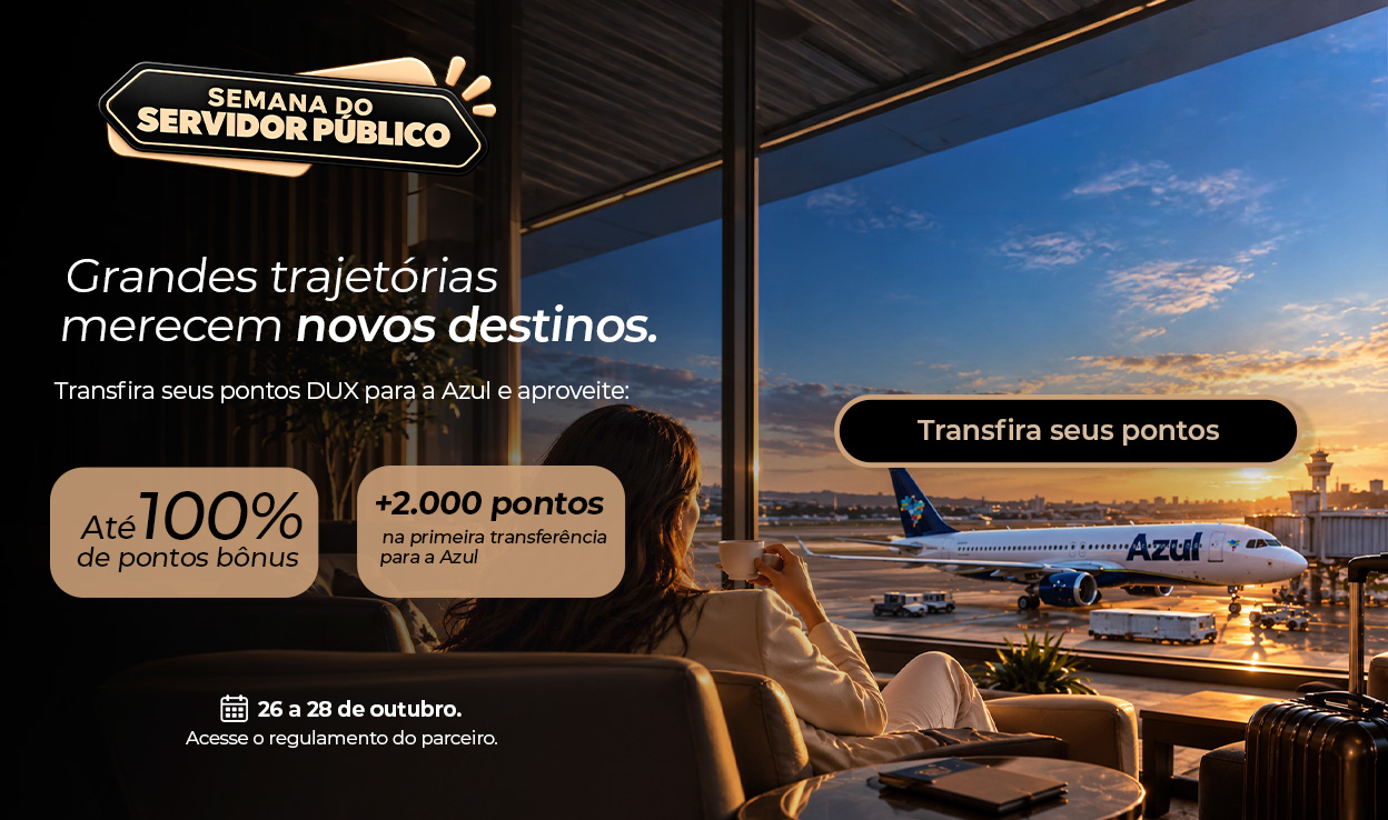 Aproveite a Semana do Servidor Público e transfira seus pontos CurtAí para a Azul. Ganhe até 100% de bônus em pontos e receba mais 2.000 pontos extras na sua primeira transferência. Promoção válida de 26 a 28 de outubro. Confira o regulamento e transforme seus pontos em vantagens para viajar mais.