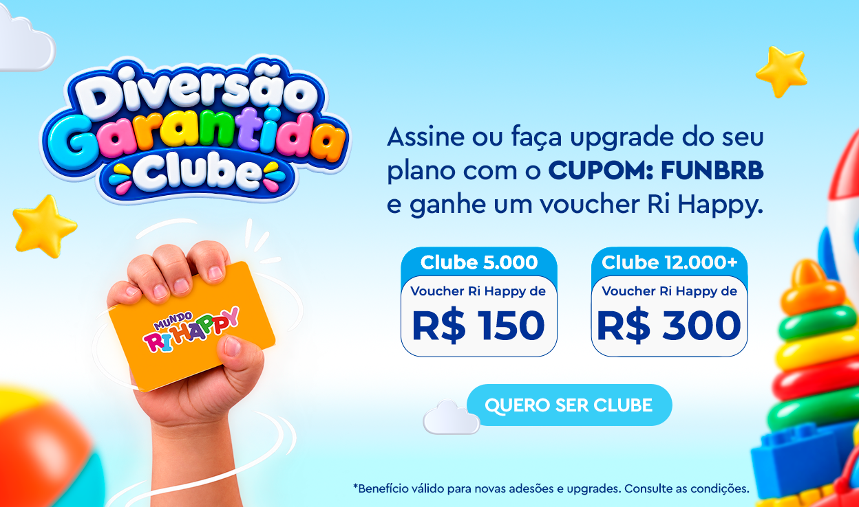 Assine ou faça upgrade do seu plano Clube Curtaí utilizando o cupom FUNBRB e ganhe um voucher Ri Happy.
&nbsp;
• Clube 5.000: Voucher Ri Happy de R$ 150
• Clube 12.000+: Voucher Ri Happy de R$ 300
&nbsp;
Benefício válido para novas adesões e upgrades. Consulte o regulamento.